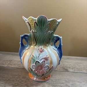 Iridescent Lusterware Art Pottery Floral Vase Double Handles Signed Brazil 4B